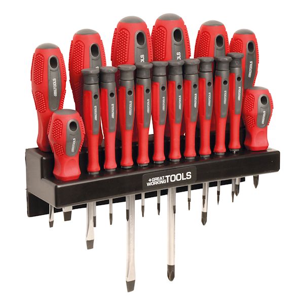 Product image for Great Working Tools 18 Piece Screwdriver Set - Magnetic Tips, Chrome Vanadium Steel Blades, Storage Rack