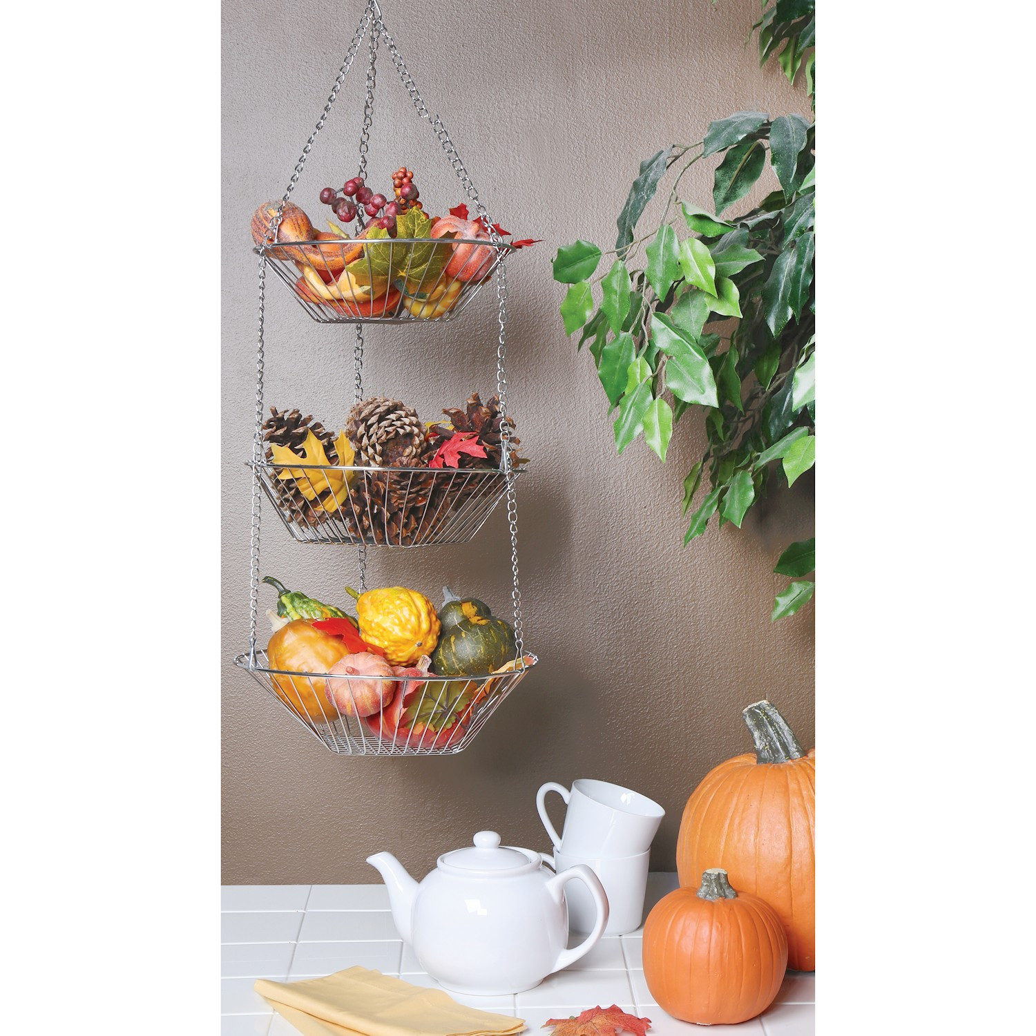 3 Tiered Hanging Fruit Baskets Adjustable Chrome Wire Produce Storage