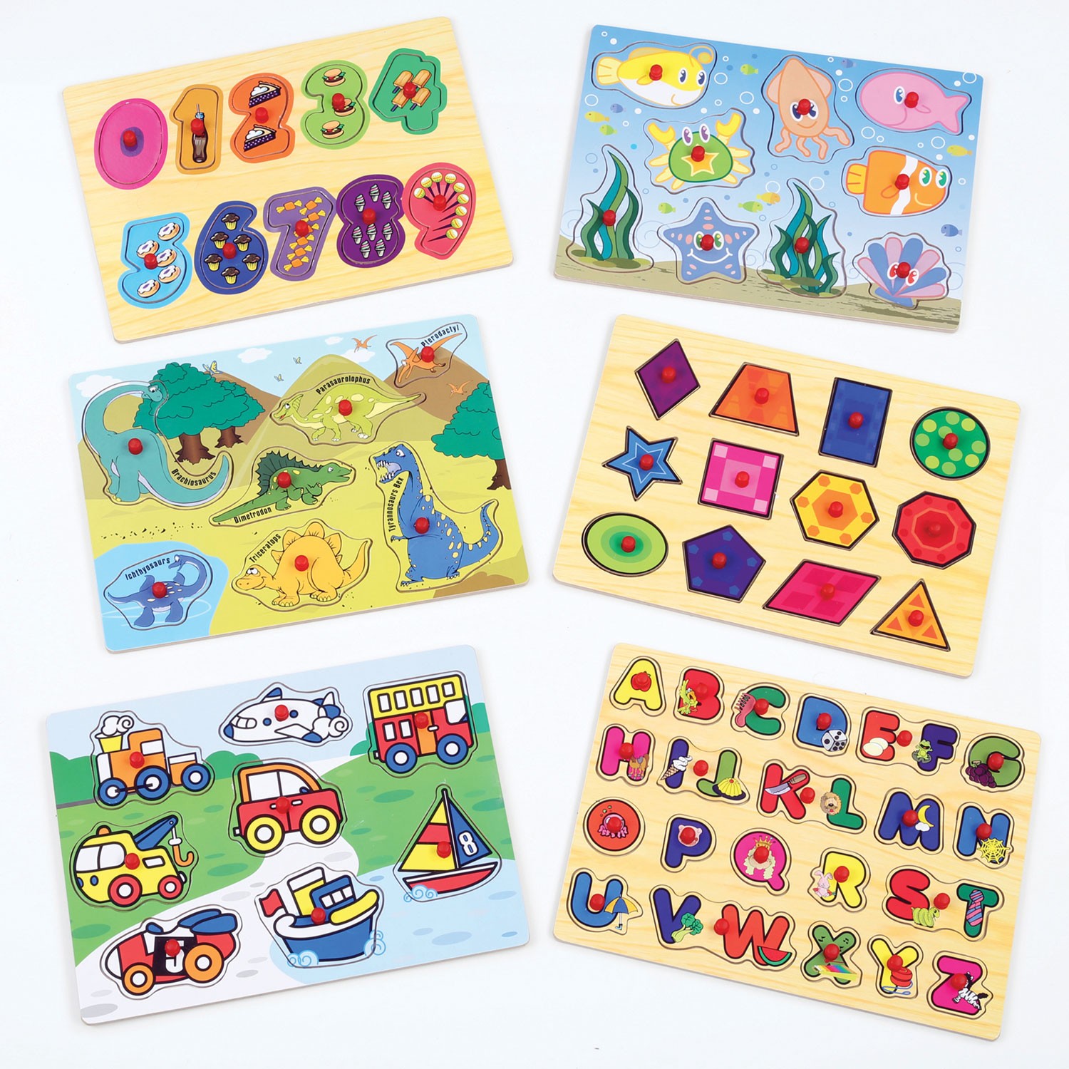 6 Wooden Peg Puzzles with Wire Storage Rack Set - ABC, Numbers, Shapes ...